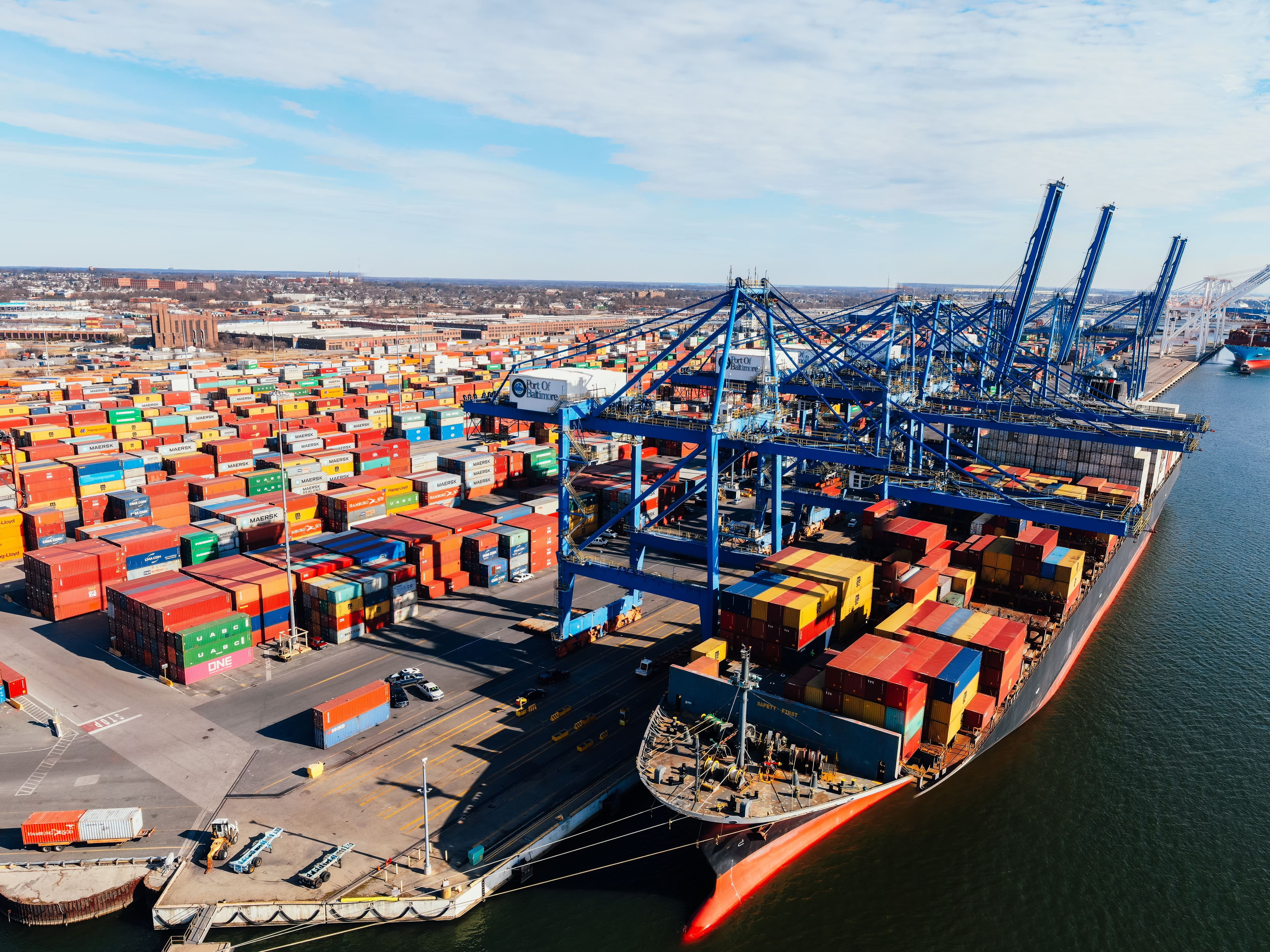 Aerial view of a container terminal and cargo ship