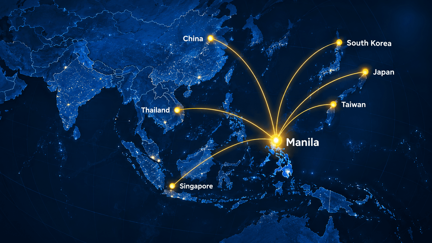 Map showing routes from Manila to partner markets in Singapore, Thailand, China, Taiwan, Japan, and South Korea